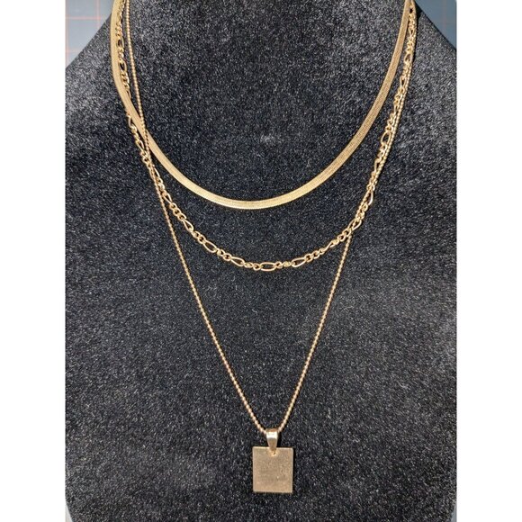Layered Gold/Copper-Tone Necklace with Rectangular Pendant & Adjustable Chain - Picture 2 of 9